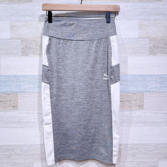 PUMA Athleisure Pencil Skirt Gray White Pull On Stretch Knee Length Womens Small - Picture 1 of 8